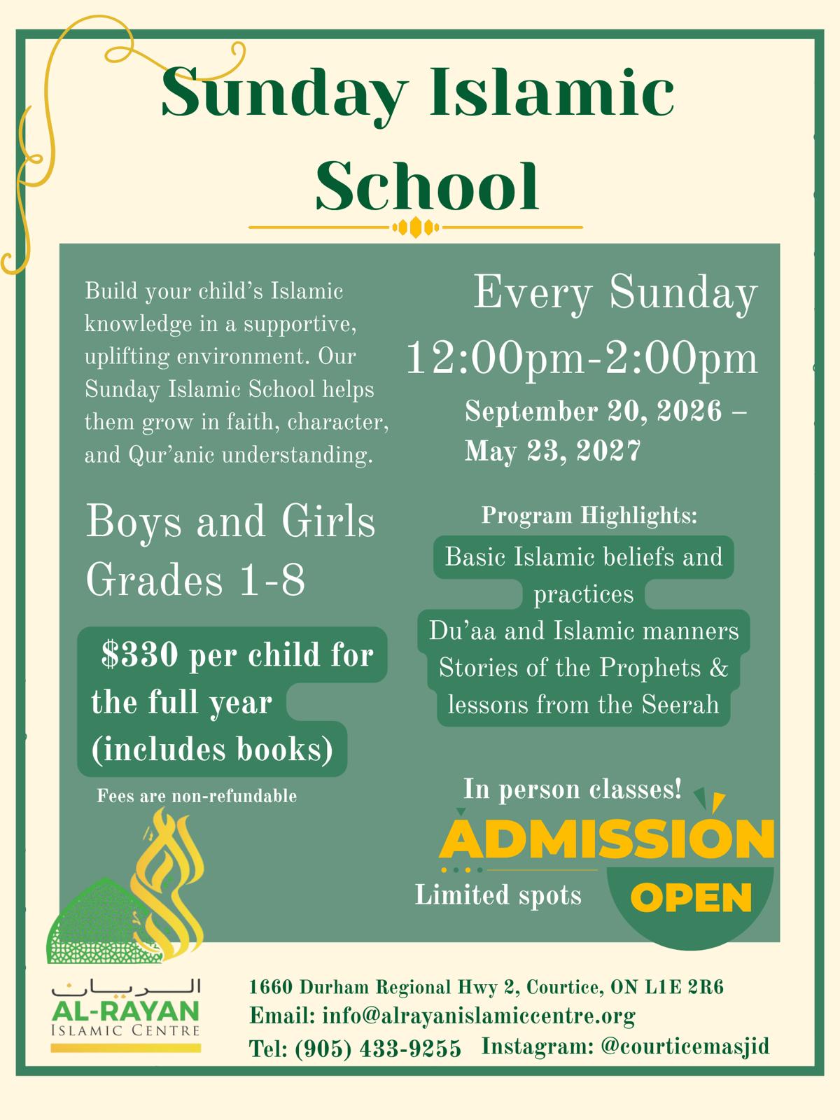 Sunday Islamic School 2026–2027